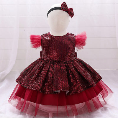 Robe princesse bébé rouge bordeaux scintillante avec manches en tulle rose