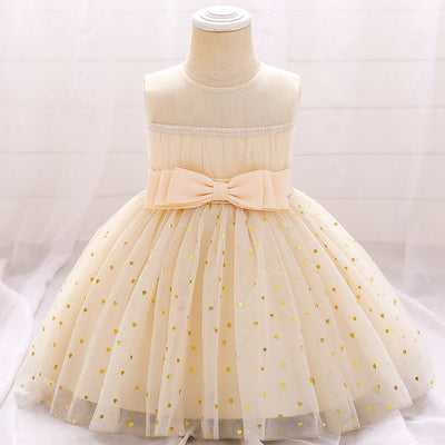 Robe princesse fille ivoire avec cœurs dorés et nœud à la taille