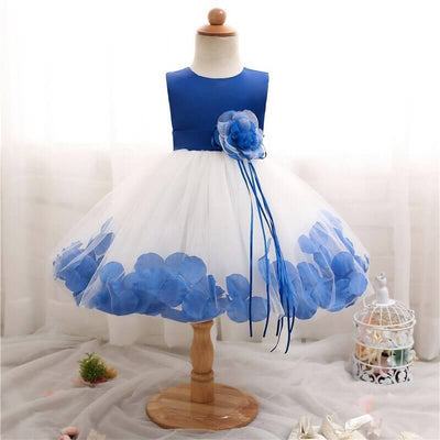 Robe princesse bébé bleu uni avec jupe tulle blanche motifs floraux bleu vif