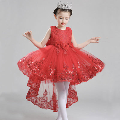 Robe princesse fille rouge motifs floraux brodés et paillettes