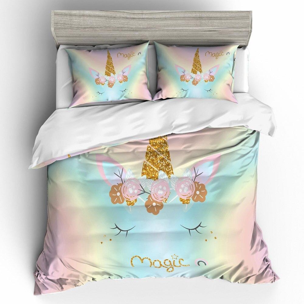 Housse De Couette Licorne 140x200cm - Parure De Lit Fille Enfant Rose 3D Avec Taie D'Oreiller