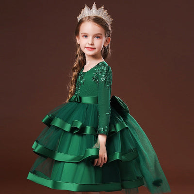 Robe cérémonie fille verte avec broderies florales et volants