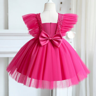 Robe princesse fille rose fuchsia en tulle avec sequins et manches courtes