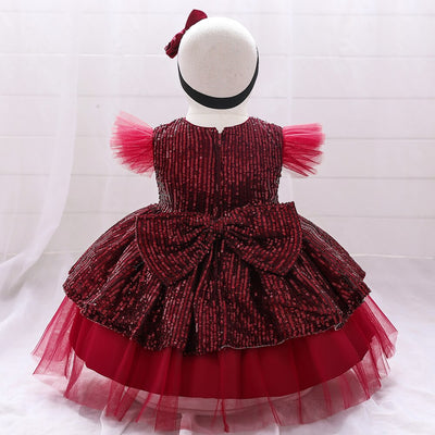Robe princesse bébé rouge bordeaux scintillante avec manches en tulle rose