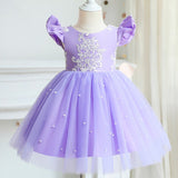 Robe princesse fille rose pâle avec motifs floraux brodés et manches volantées