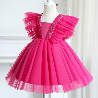Robe princesse fille rose fuchsia en tulle avec sequins et manches courtes