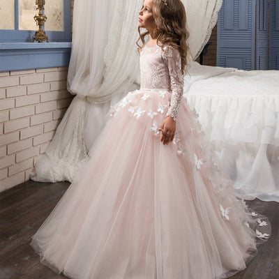 Robe cérémonie fille rose pâle à manches longues en dentelle et jupe ample