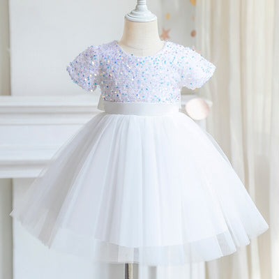 Robe cérémonie fille paillettes multicolores et tulle blanc