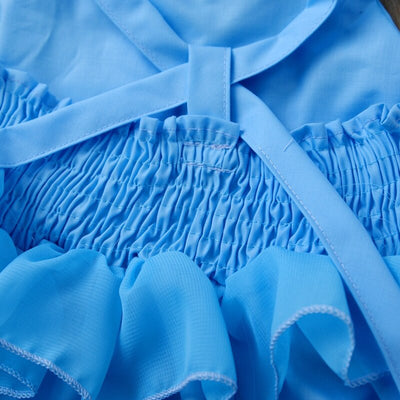 Robe princesse fille bleue avec volants et dentelle blanche