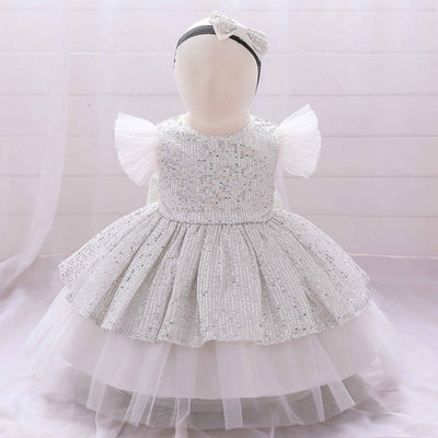Robe princesse bébé rouge bordeaux scintillante avec manches en tulle rose