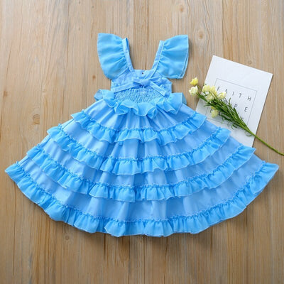 Robe princesse fille bleue avec volants et dentelle blanche
