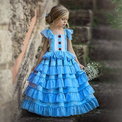 Robe princesse fille bleue avec volants et dentelle blanche
