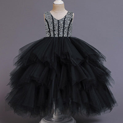 Robe cérémonie fille noire tulle motifs floraux argentés