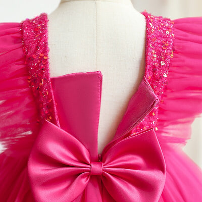 Robe princesse fille rose fuchsia en tulle avec sequins et manches courtes