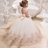 Robe princesse fille ivoire avec dentelle dorée et broderies florales