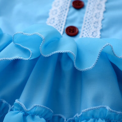 Robe princesse fille bleue avec volants et dentelle blanche