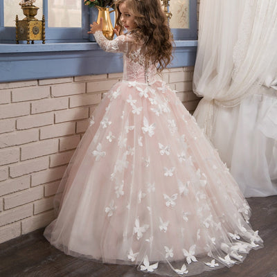Robe cérémonie fille rose pâle à manches longues en dentelle et jupe ample