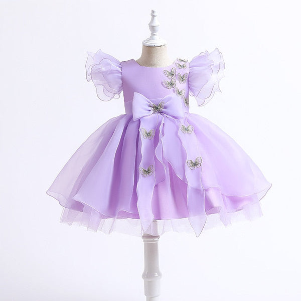 Robe cérémonie fille lavande motifs papillons argentés