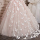 Robe cérémonie fille rose pâle à manches longues en dentelle et jupe ample