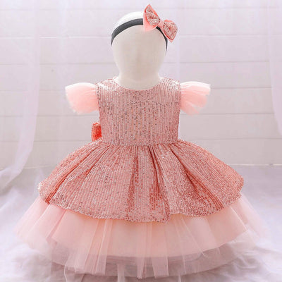 Robe princesse bébé rouge bordeaux scintillante avec manches en tulle rose