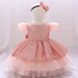 Robe princesse bébé rouge bordeaux scintillante avec manches en tulle rose