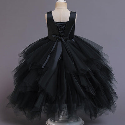 Robe cérémonie fille noire tulle motifs floraux argentés