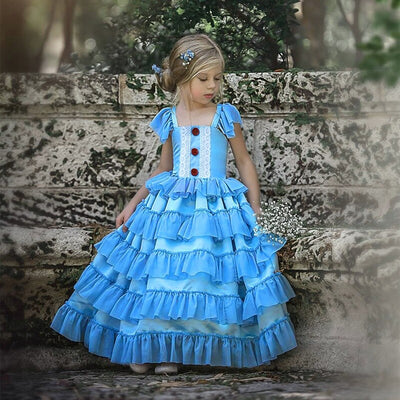 Robe princesse fille bleue avec volants et dentelle blanche