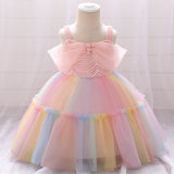 Robe princesse bébé pastel arc-en-ciel avec motifs en crochet et roses en tissu