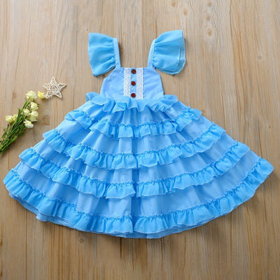 Robe princesse fille bleue avec volants et dentelle blanche