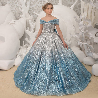 Robe princesse fille dégradé argenté et bleu avec paillettes scintillantes
