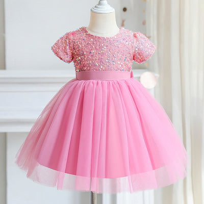 Robe cérémonie fille paillettes multicolores et tulle blanc