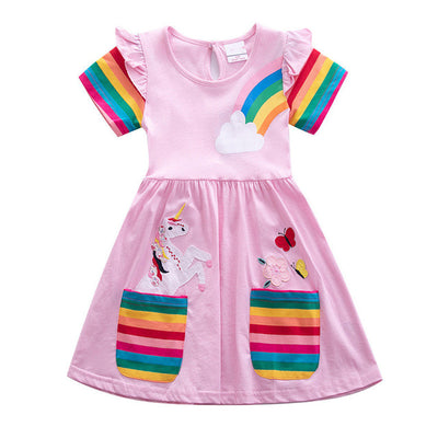 Robe Licorne Rose arc-en-ciel à manches courtes
