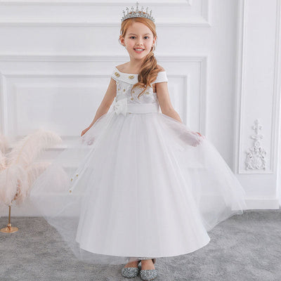 Robe princesse fille blanche avec corsage en dentelle fleurie et jupe en tulle volumineuse