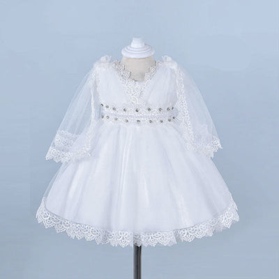 Robe baptême bébé fille blanche avec dentelle et perles