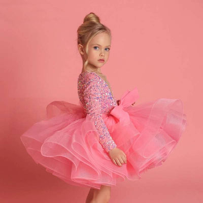 Robe cérémonie fille rose paillettes multicolores avec nœud décoratif