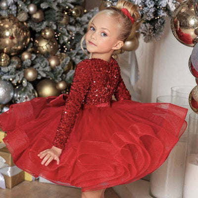 Robe cérémonie fille rouge à paillettes et effet vaporeux