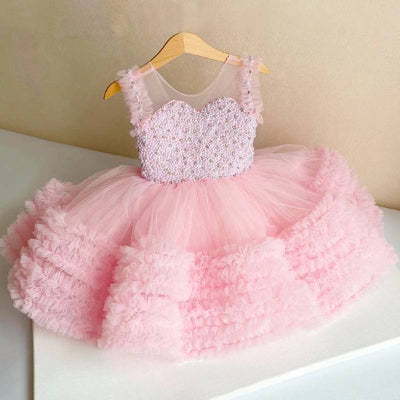 Robe cérémonie fille rose en tulle avec motif perlé