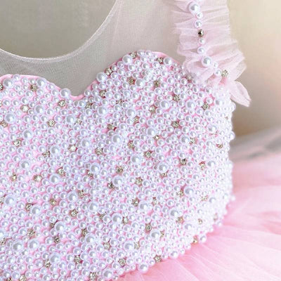 Robe cérémonie fille rose en tulle avec motif perlé
