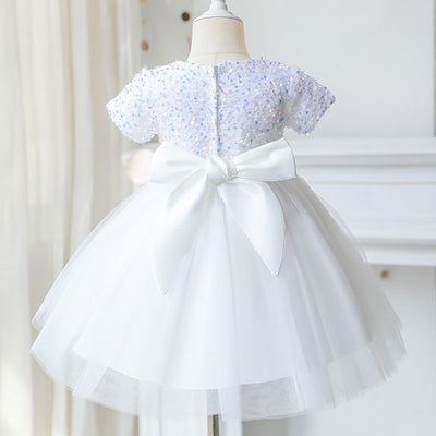 Robe cérémonie fille paillettes multicolores et tulle blanc