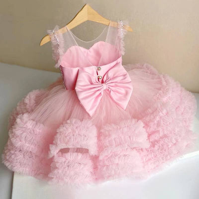 Robe cérémonie fille rose en tulle avec motif perlé