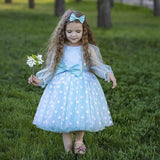 Robe cérémonie fille bleu pâle à pois blancs avec nœud à la taille