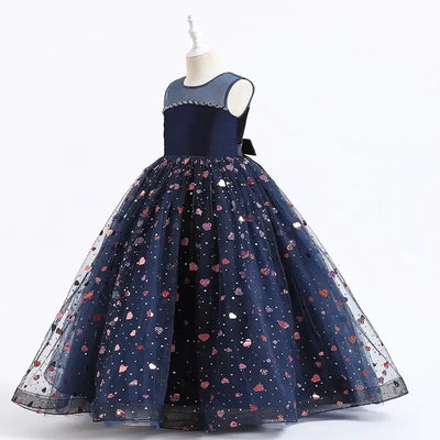 Robe cérémonie fille bleu marine à motifs cœurs et dentelle