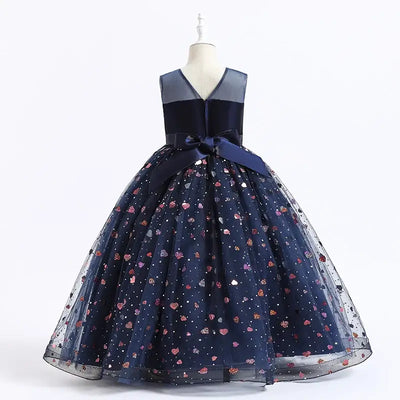 Robe cérémonie fille bleu marine à motifs cœurs et dentelle