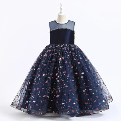 Robe cérémonie fille bleu marine à motifs cœurs et dentelle