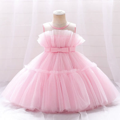 Robe princesse fille rose vif avec corsage à plis et ruban à la taille