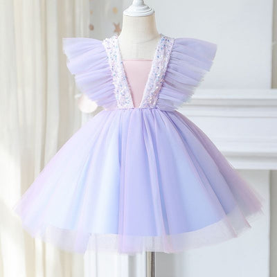 Robe princesse fille rose fuchsia en tulle avec sequins et manches courtes