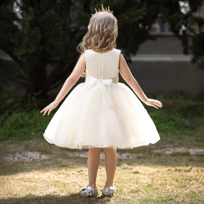 Robe cérémonie fille blanche avec motif perles sur le buste et bas volumineux