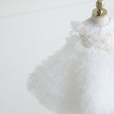 Robe cérémonie fille blanche avec motifs floraux et perles, jupe en tulle bouffante
