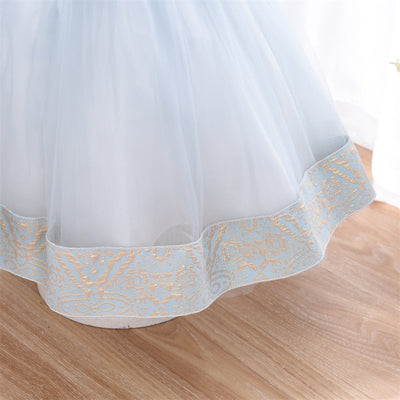 Robe cérémonie fille bleu foncé avec tulle et motifs gris et blancs