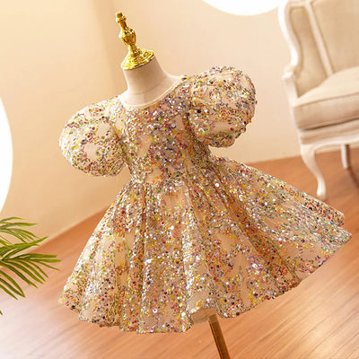 Robe princesse fille champagne à paillettes multicolores avec manches bouffantes et grand nœud